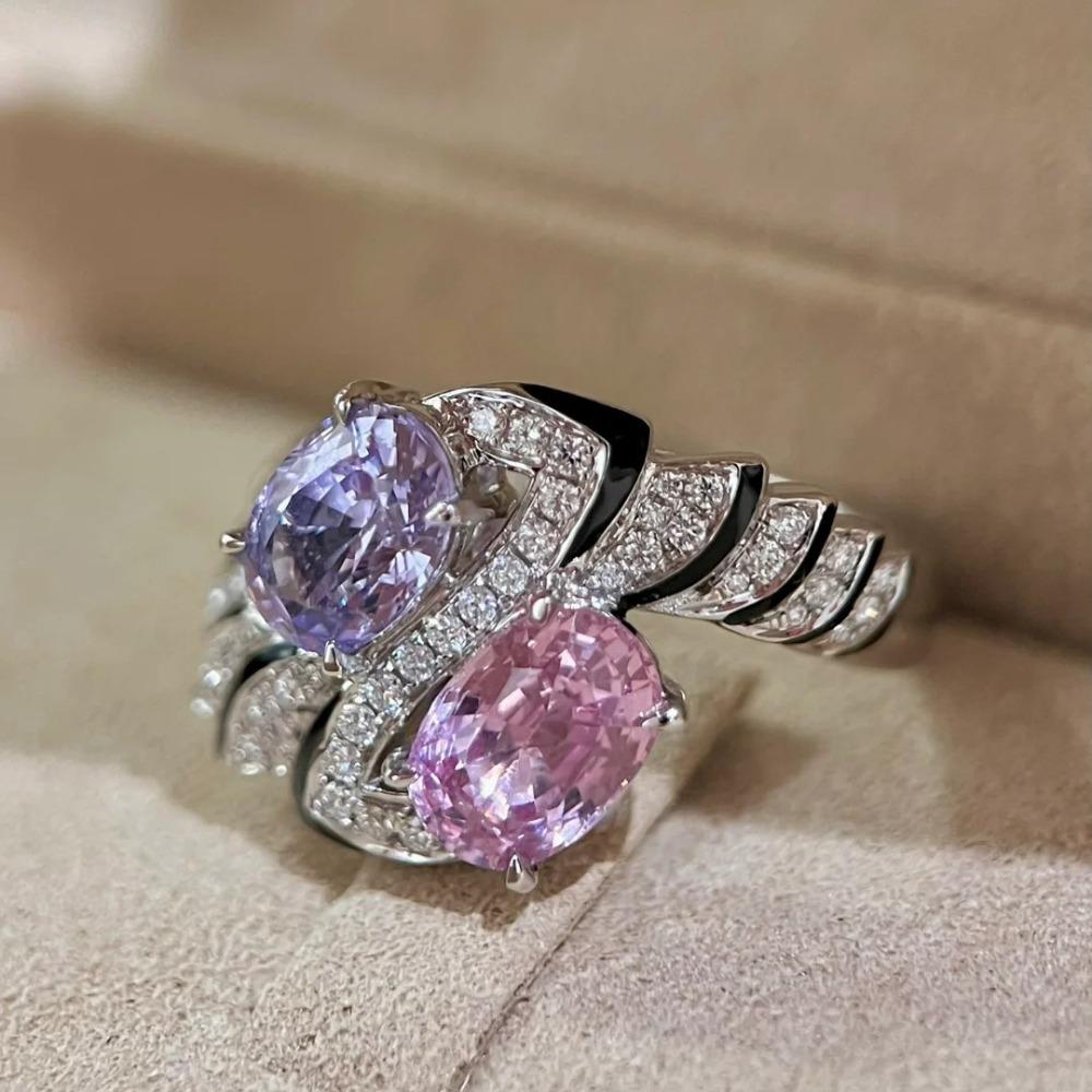 Open Ring French Vintage Pink Purple Double Stone Artdeco Style High Carbon Diamond Women Ring adjustable