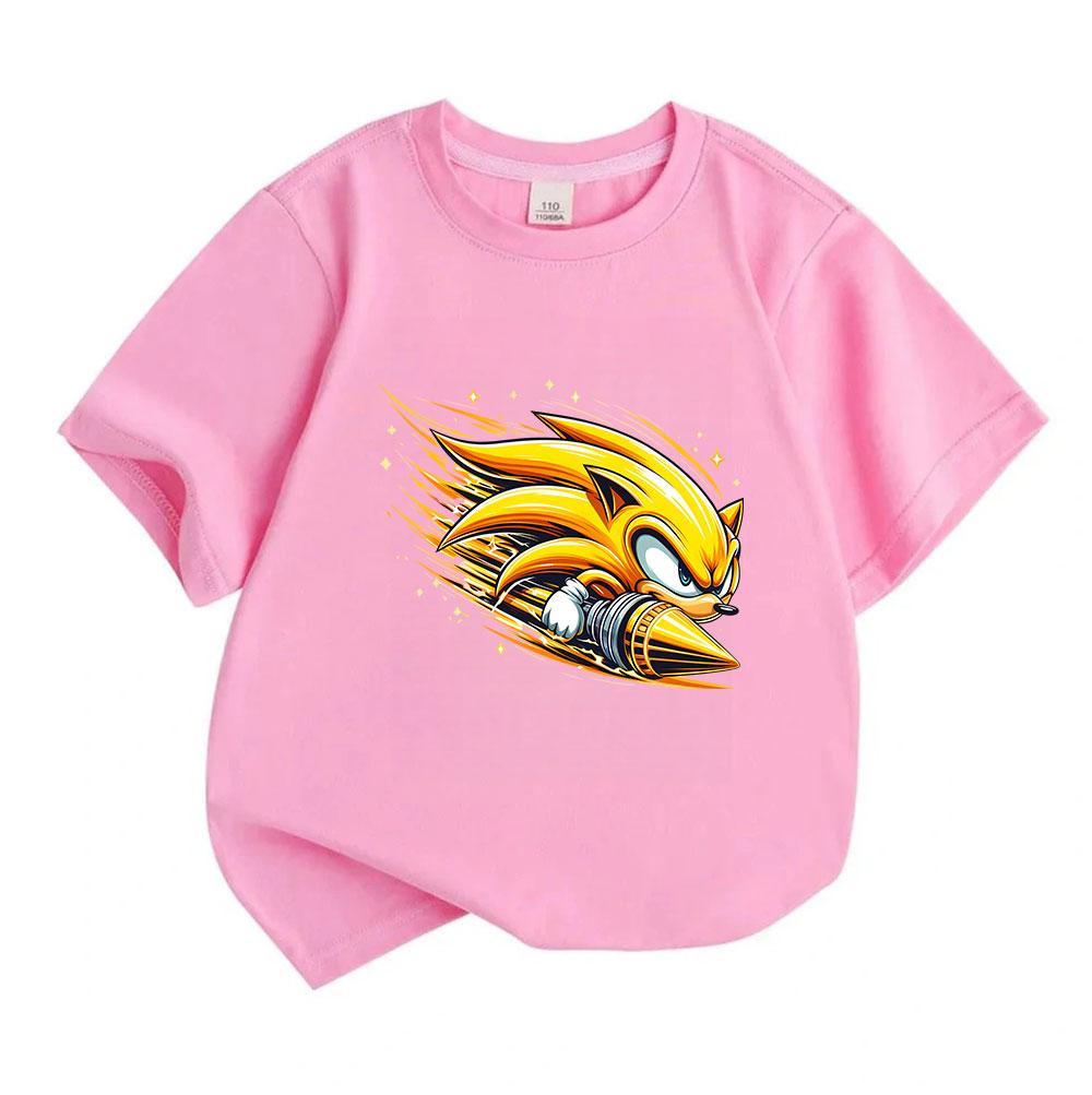 Kids Boys Girls Crew Neck Short Sleeve 100% Cotton T-Shirt, Cool Speedy Golden Hedgehog Print Casual Soft Breathable Summer Tee Tops for Children Dail
