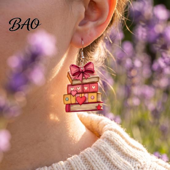 Chic School Season Accessories 1 Pair Acrylic Book Earrings for Women, Vintage Stacking with Pink Retro Theme Bow And Heart, Funny Dangle Jewelry,