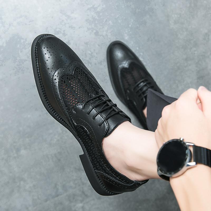 Britain Men Pointed Black Breathable Mesh Patchwork Casual Dress Homecoming Brogues Shoes Male Formal Wedding Oxfords Footwear