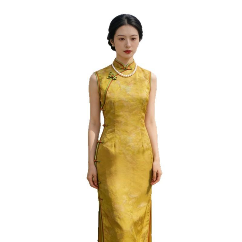 Rensigang Style Sleeveless High-end Yellow Cheongsam Spring New Temperament Slim Banquet Cheongsam Skirt