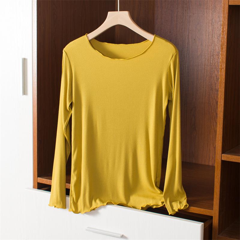 Women's Slim Fit Wood-Ear Trim Modal Long Sleeve T-Shirt, Round Neck, Plus Size, Spring/Autumn Versatile Top