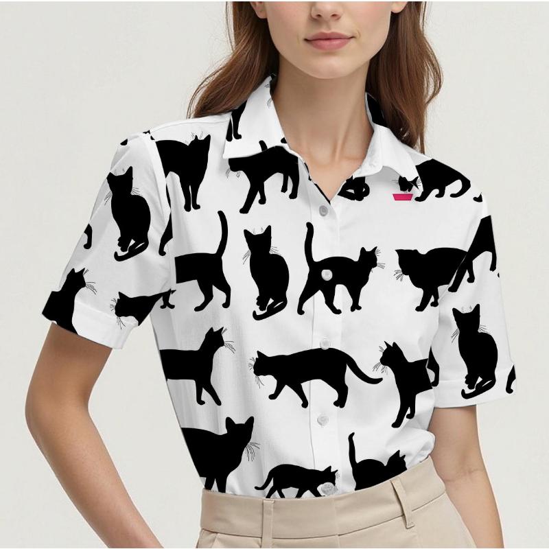 Short-sleeved Summer Shirt for Women with Cat Pattern Design, Breathable and Suitable for Everyday Wear, Fashionable and Casual