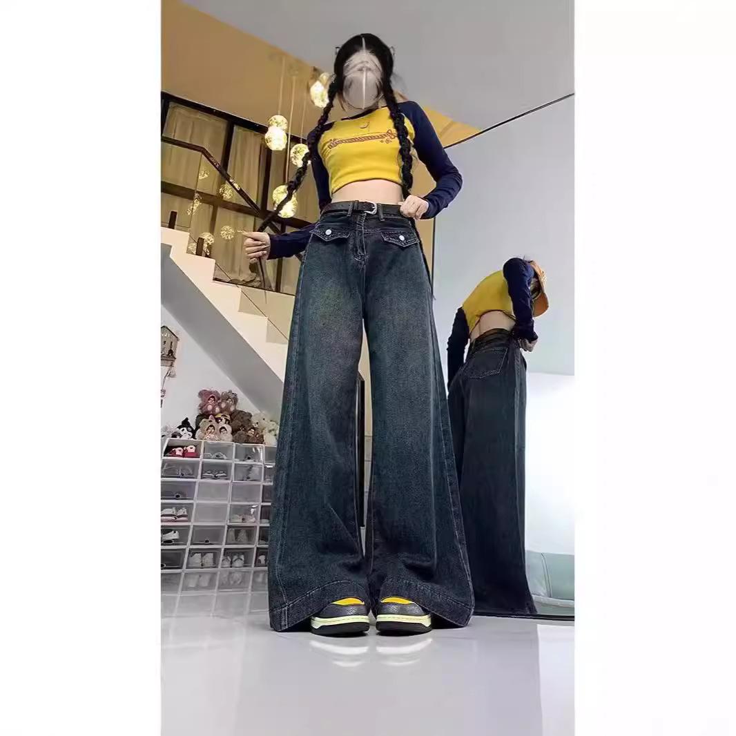 

Женские джинсы больших размеров с высокой талией в стиле ретро и широкими штанинами 2XL синий