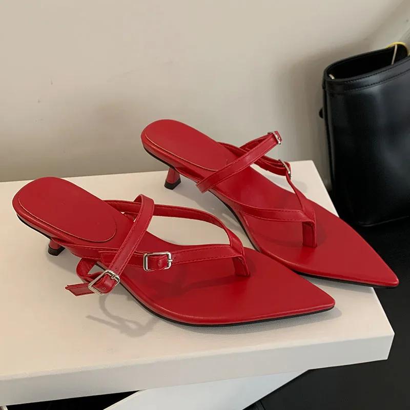 

2025 New Pointed Buckle Women Wedge Flip Flops Fashion Beach Dress Sexy Brand Designer Fashion Women Mule Shoes Slippers Women 39 красный