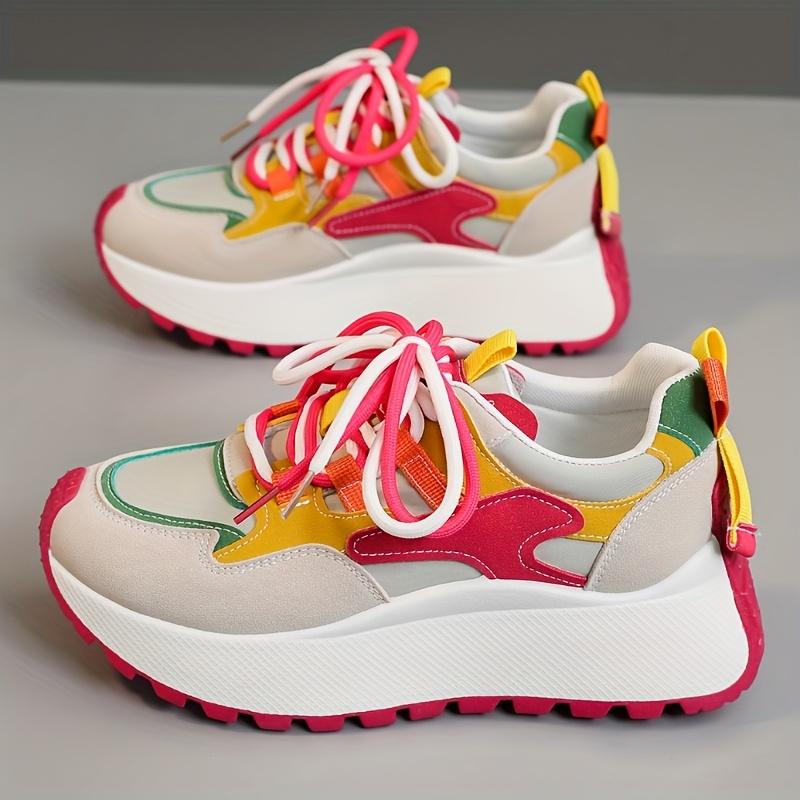 Women's Fashion Sneakers | Colorful Striped Low-Top Lace-Up Casual Shoes with Thick PVC Sole, Synthetic Upper & Comfortable Fabric Lining