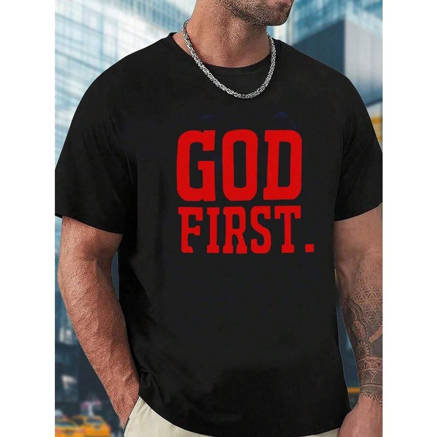 

Men s Casual Versatile Slogan God First Printed Short Sleeve T-Shirt Men s T-Shirts Mens Tshirts Graphic Unisex Soft Fabric B... S разноцветный