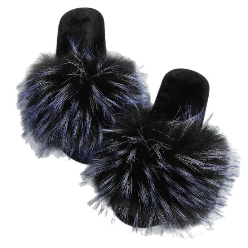 Women's Faux Fox Fur Slide Slippers, Fashionable Plush Indoor/Outdoor Non-Slip Flats