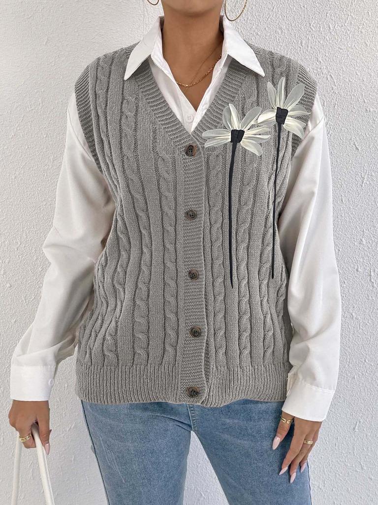 Women's knitted cardigan, autumn/winter women's casual outerwear, vest, twisted woven sweater, 3D floral patchwork vest