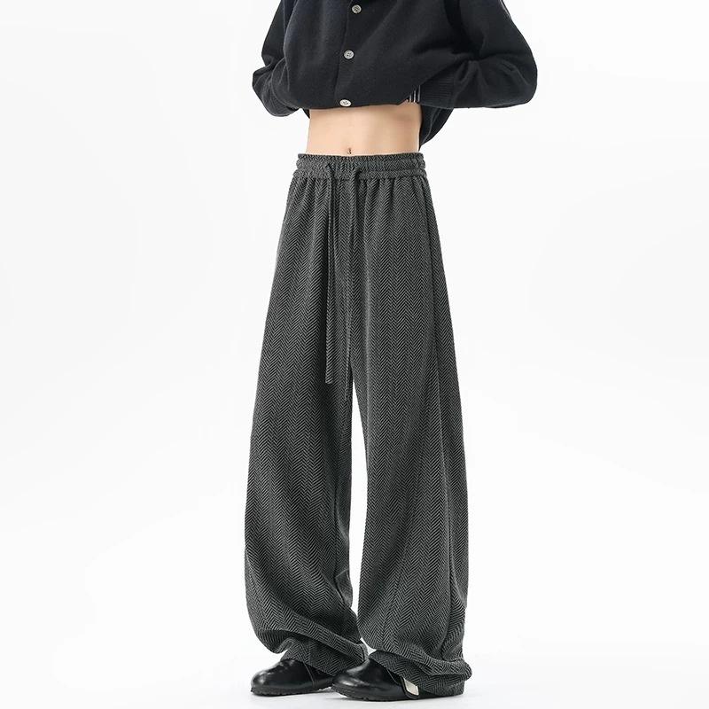 High Street Lazy Herringbone Trousers Men's New Elastic Waist Loose Wide Leg Pants Drop Mopping Scimitar Casual Pants