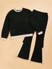 Women's Ribbed Knit Set Long Sleeve Top and Wide Leg Pants with Black Contrast Trim In Beige