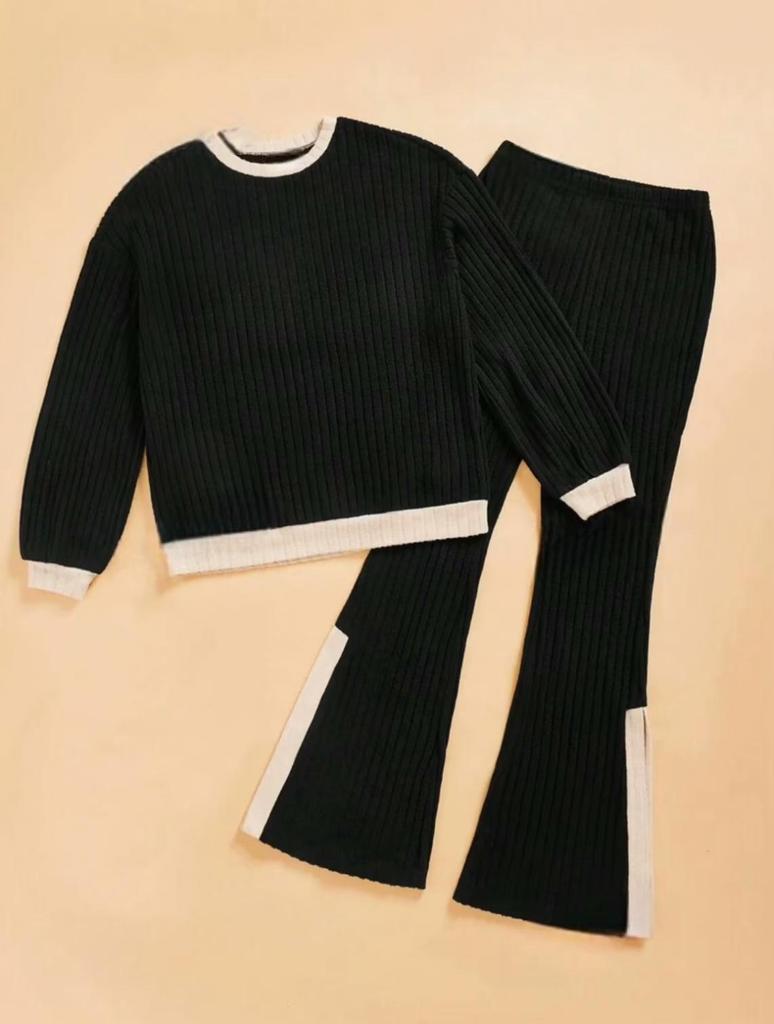 Women's Ribbed Knit Set Long Sleeve Top and Wide Leg Pants with Black Contrast Trim In Beige