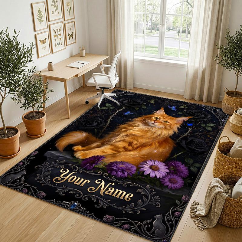 Ethereal Cat Theme Soft Crystal Velvet Rug Custom Name & Text Print Non Slip Floor Rug for Bedroom Living Room