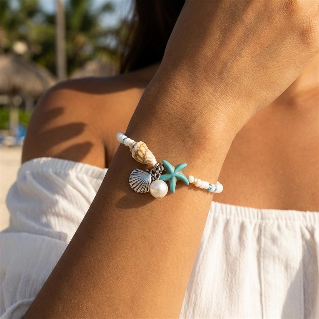 Bohemian Starfish Shell Beaded Bracelet For Women Girls Handmade Rice Beads Conch Bracelets Summer Beach Vacation Party Jewelry