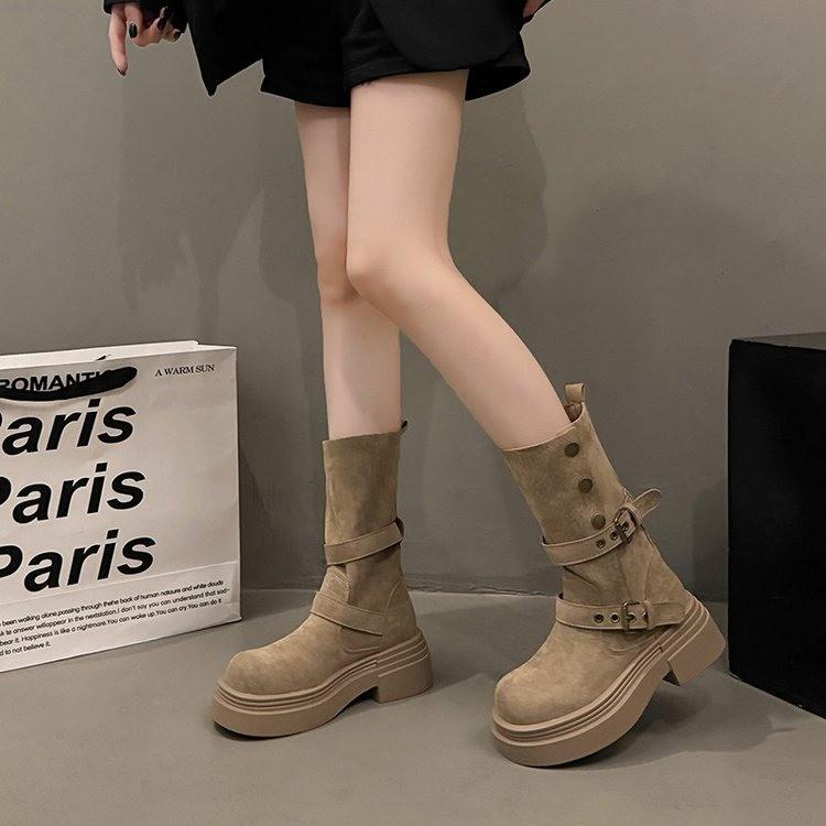 Thick-soled Martin boots for women's autumn and winter 2025 new retro suede medium boots belt buckle two wear western cowboy boots