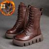 Women Leather Boots 2026 Winter Short Plush Mid-heel Snow Boots Lace Up Warm Platform Ankle Boots Women Shoes Botas Mujer