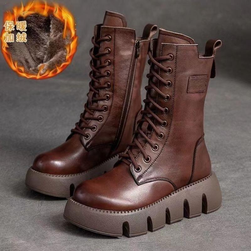Women Leather Boots 2026 Winter Short Plush Mid-heel Snow Boots Lace Up Warm Platform Ankle Boots Women Shoes Botas Mujer