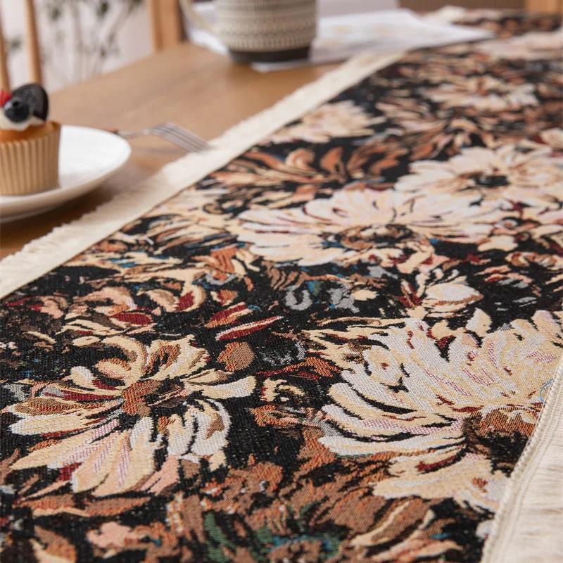 Table Linen Yarn Dyed Tablecloth Jacquard Oil Painting with Small Daisy Fringe Table Flag Placemat Entrance Cabinet Cover