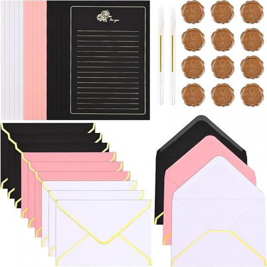 BAYTORY 45 Pcs Lined Stationery Letter Paper, A5 Golden-Lace Vintage Writing Letterhead, Decorative Stationery Paper for Love Letters Invitations & Envelope Letterhead Set