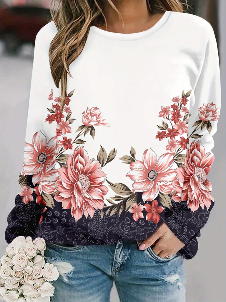 Camiseta feminina com estampa floral 3D pequena, elegante, de manga comprida, gola redonda, tops normais para férias, fim de semana, primavera e outono