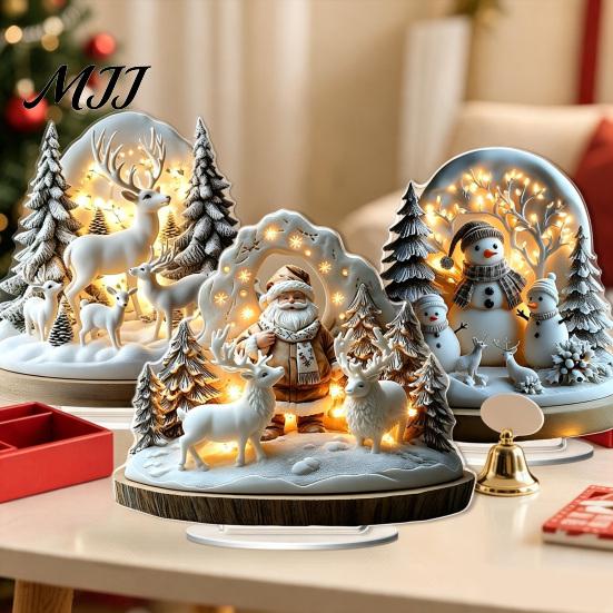 Christmas Party Centerpieces Winter Ornaments, Double-sided Acrylic Snowman/Santa Claus/Reindeer/Cottage Table Snow Scene Ornaments Decorations