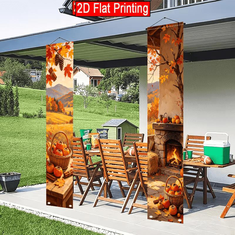 2D Flat - 2pcs 2D Flat Oil Painting Style Autumn Theme, 30.48X179.83 cm Polyester Door Couplets, Pumpkin, Cinnamon Stick, Red Maple Leaf, Pine Cone De