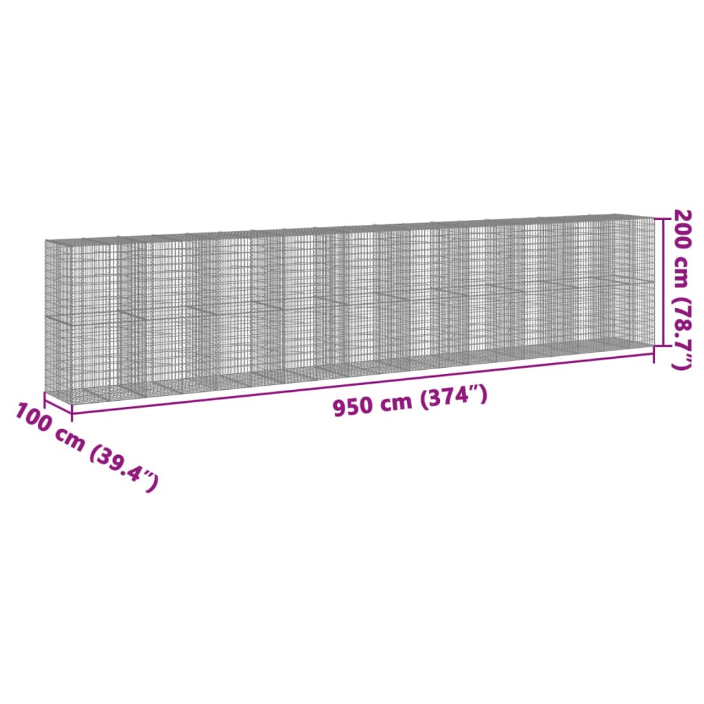 Gabion with Lid 950 X 100 X 200 Cm Galvanized Iron