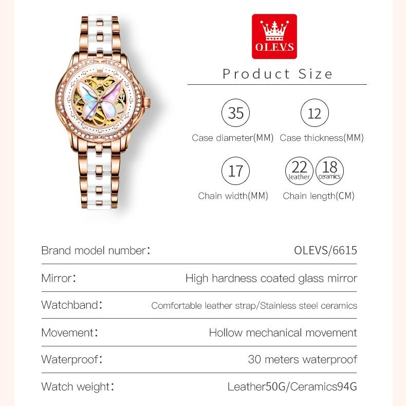 OLEVS Brand Watch Ceramic Fritillary Butterfly Mechanical Watch Fashion Women's Watch Women's Watch
