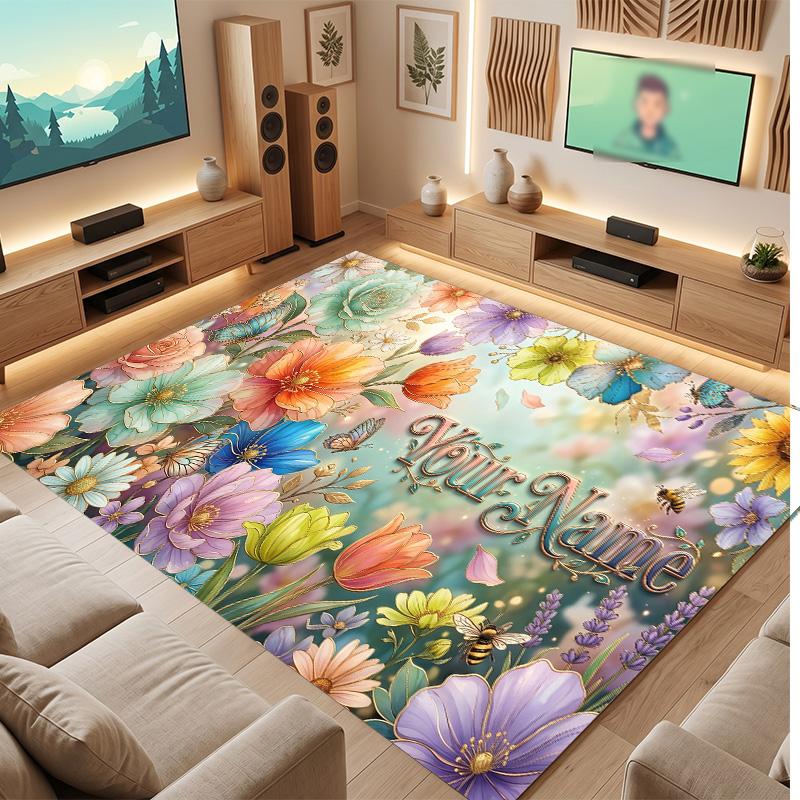Floral Garden Theme Soft Crystal Velvet Rug Custom Name & Text Print Non Slip Floor Rug for Bedroom Living Room