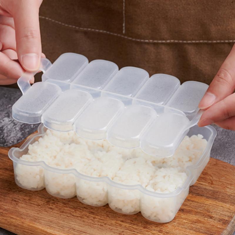 10 Fächer Reiskugelform mit Reislöffel Sushi Antihaft-Druckaufbewahrungsbox Mittagessen Werkzeug DIY Heimküche Klare Onigiri-Formen