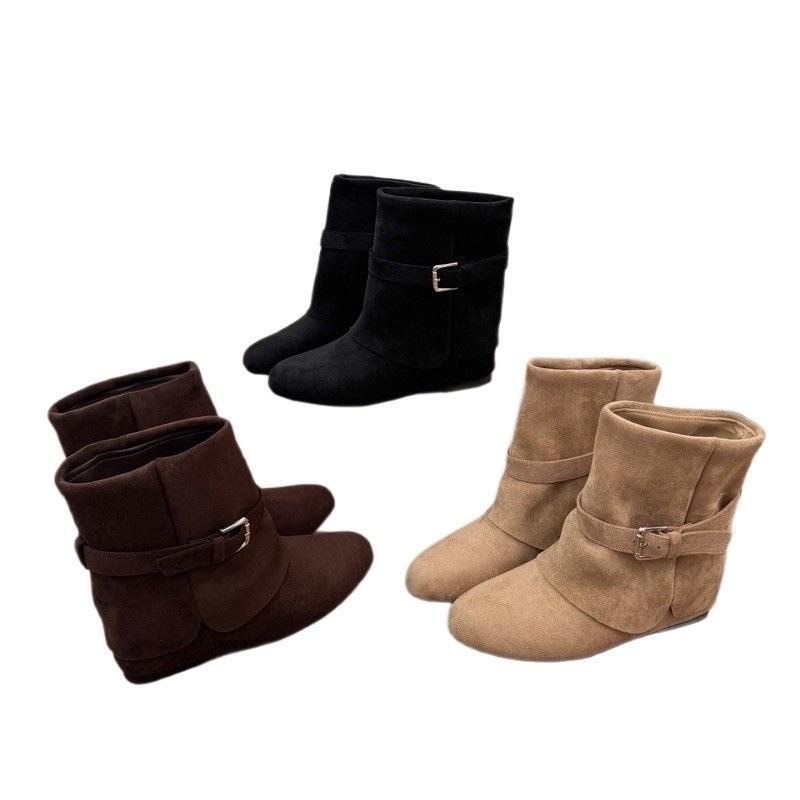 Retro small inner height increase round head short boots women's autumn and winter belt buckle medium tube thin temperament fashion boots