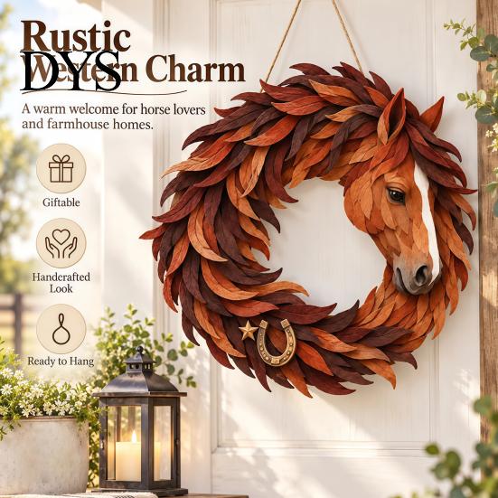 Festive Wall Hanging Decor for Home Rustic Horse Wreath Front Door, Western Farmhouse Head Durable Decorative Bedroom with Horseshoe, Handcrafted