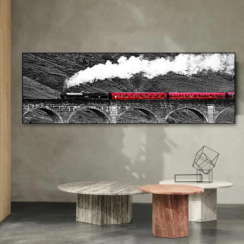 Naturlandskap Bybilde Svart Rød Tog Lerretmaleri Veggkunst Bilder Plakater og Trykk for Stue Soverom Hjemmeinnredning Uten Ramme