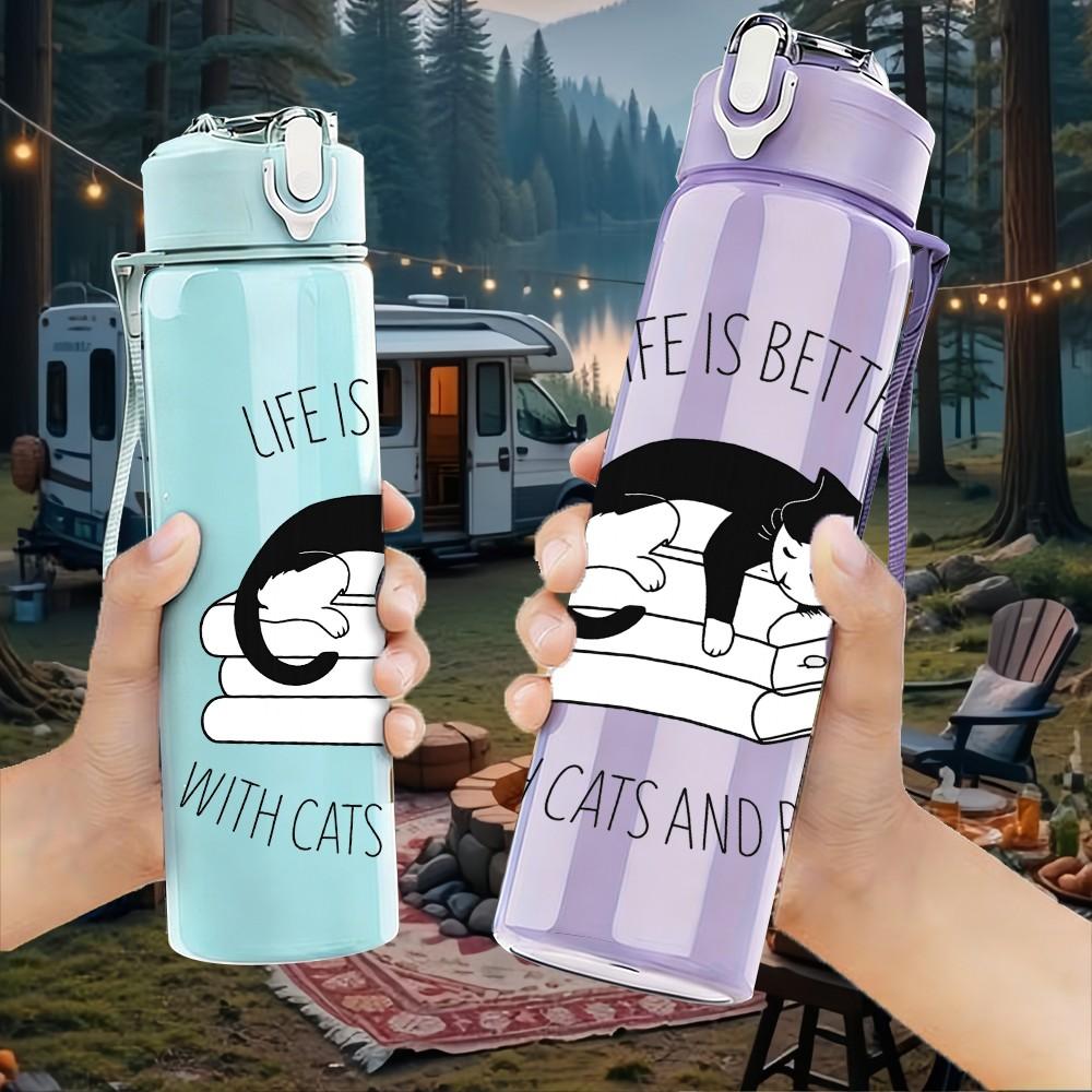 1PC Life Is Better With Cats And Books 750ml Color Plastic Sports Water Bottle Leakproof Flip Straw Lid Suitable for Sports Office Home Use