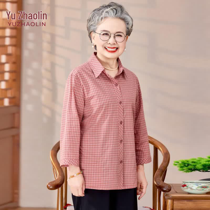 YUZHAOLIN Women s Mid-Aged Plaid 3/4 Sleeve Shirt XL