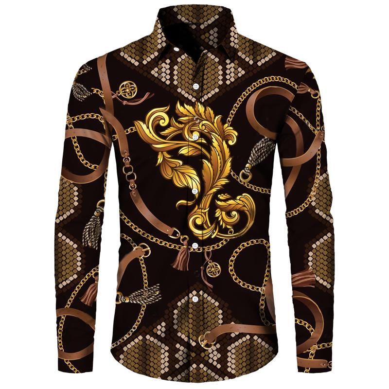 Golden Flower Pattern Print Men's Shirts Casual Single-Breasted Cardigan Long Sleeve Shirt Fashion Trend Tops Men Clothing