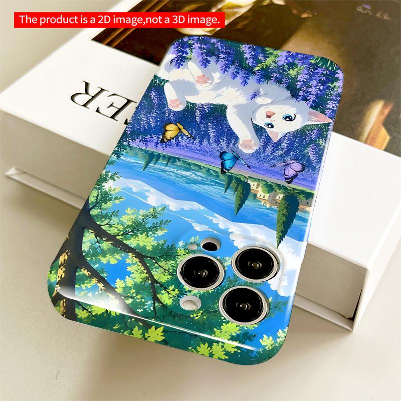 2DFlat White Kitten in Lavender Field with Butterflies All inclusive film hard iPhone case, compatible with iPhone 18 Pro Max 17 16 15 14 13 12 11