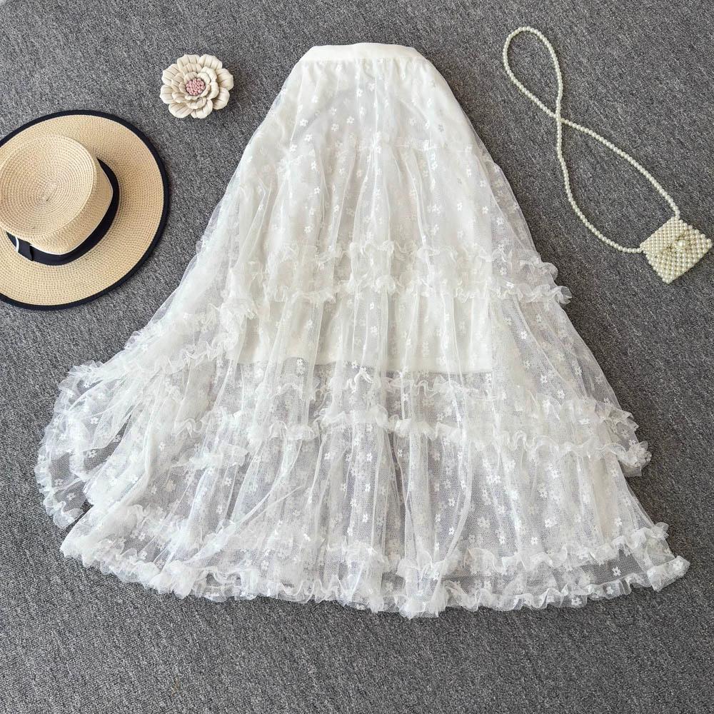 

Dimanaf 2025 Весна Женские Новые Юбки Винтаж Свободные Эластичные Плиссированные Элегантные Белые Юбки Кружева Высокая Талия one size белый