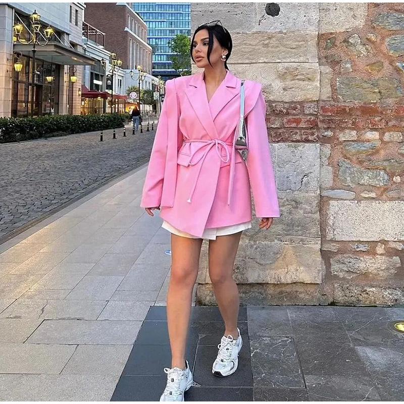 Módní pruhované sako s klopami dámské elegantní volné s pasem na stažení s páskem bundy dámské jarní všestranné šik pouliční oblečení