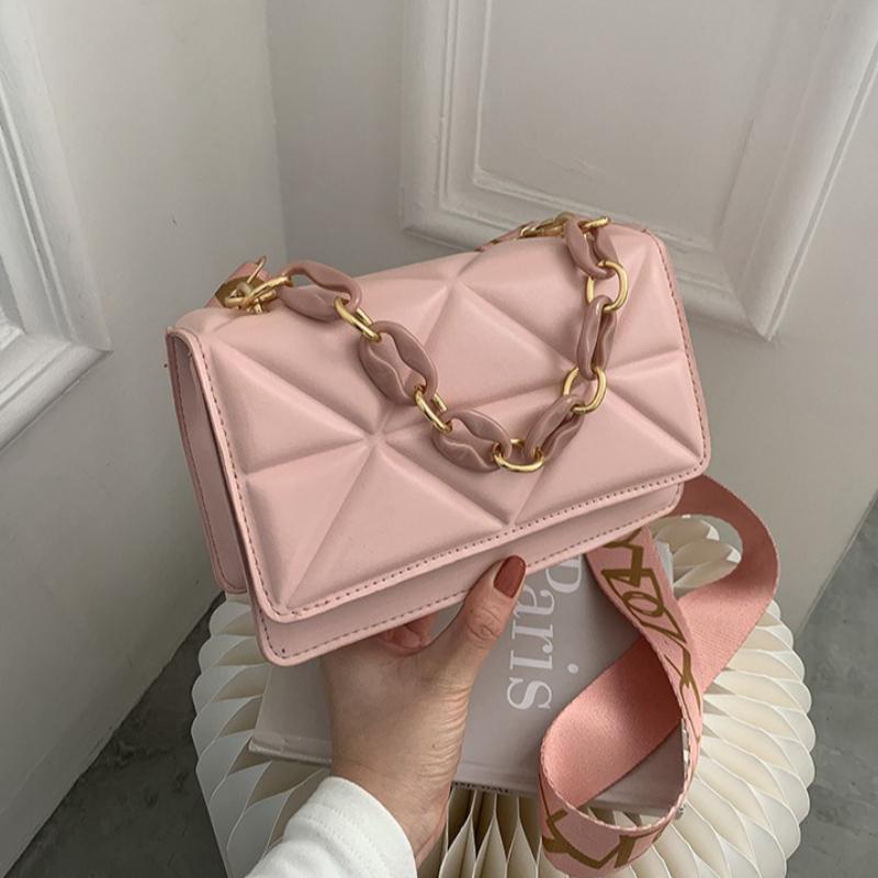 Chic Women Quilted Faux Leather Crossbody Bag, Gold Chain Adjustable Printed Wide Strap Shoulder Purse Casual Daily Handbag