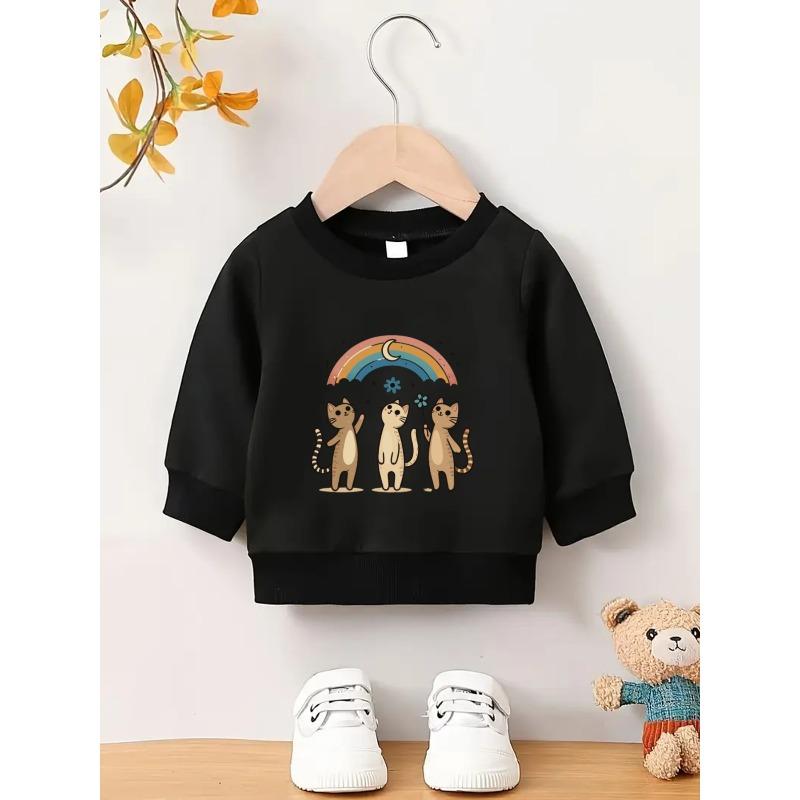Kids Crewneck Sweatshirt, Cartoon Three Kittens & Rainbow Graphic Print, Spring Autumn Casual Tops