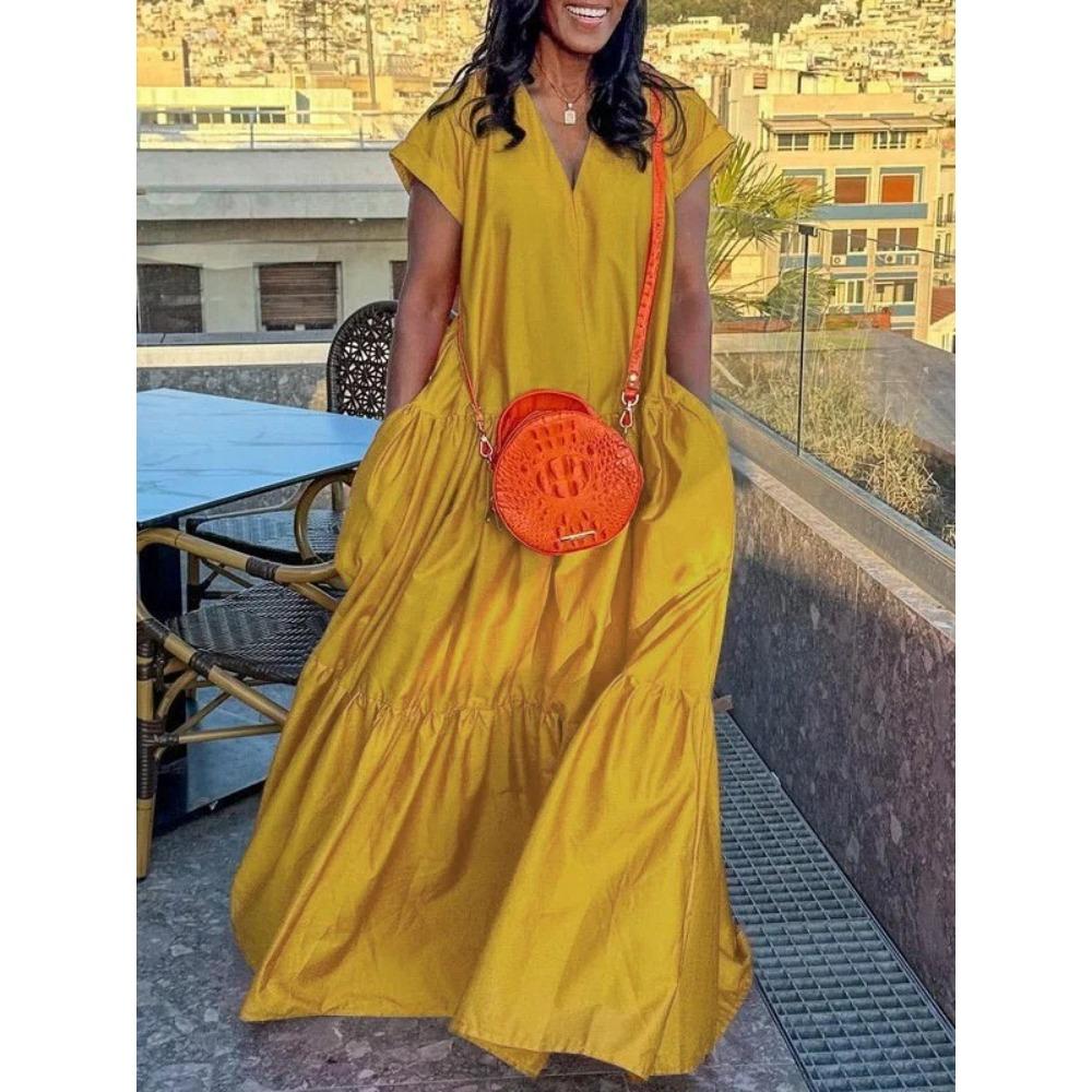 Women's V Neck Short Sleeve Maxi Dress Oversized Loose Waist Ruffle Tiered Big Swing Long Dress With Side Pockets For Spring Summer Street Vacation