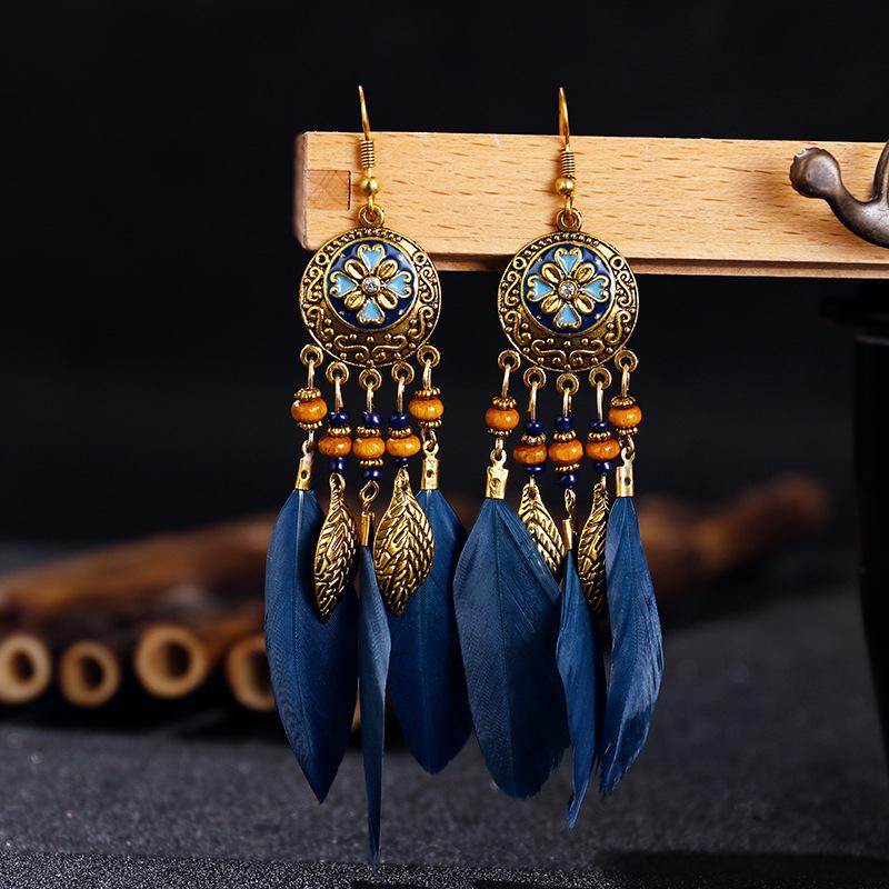 Vintage Bohemian Long Feather Women's Earrings Enamel Flower Drop Dangle Earrings Boho Tassel Leaf Wooden Bead Handmade Zircon