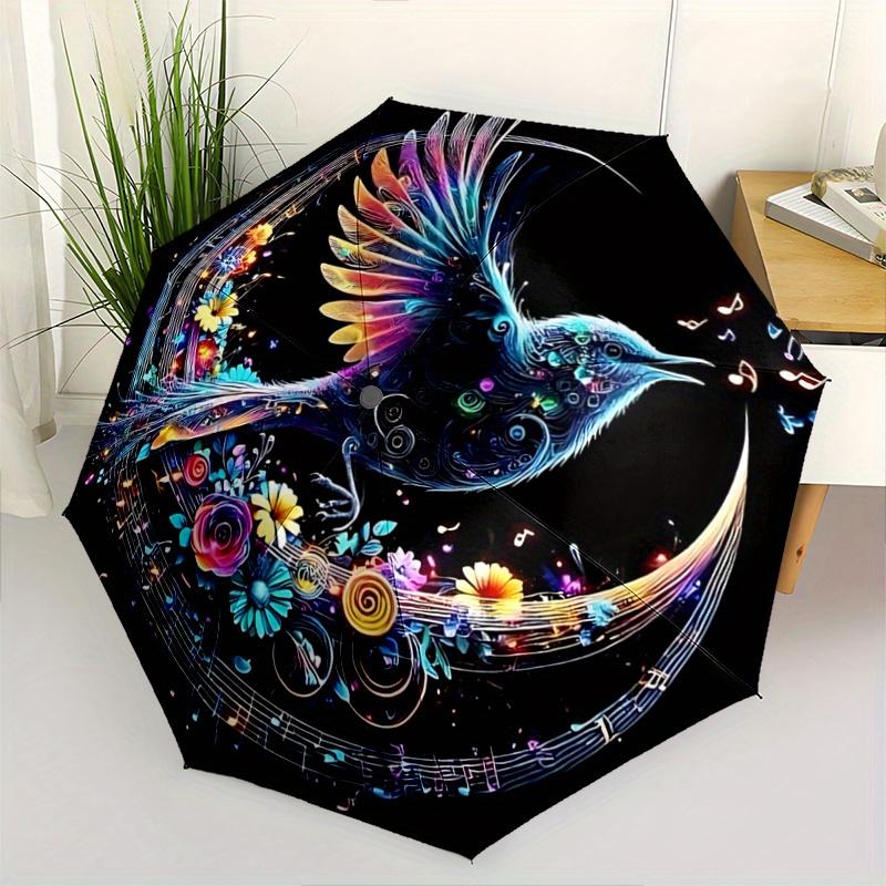 1pc Colorful Bird Amidst Musical Notes and Flowers Automatic Folding Umbrella - 3 Folding Design, Vivid Cartoon Pattern, Suitable for Outdoor Activiti