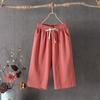 Women's High Rise Drawstring Waist Wide Leg Capri Pants Loose Fit Vintage Linen Blend Cropped Trousers