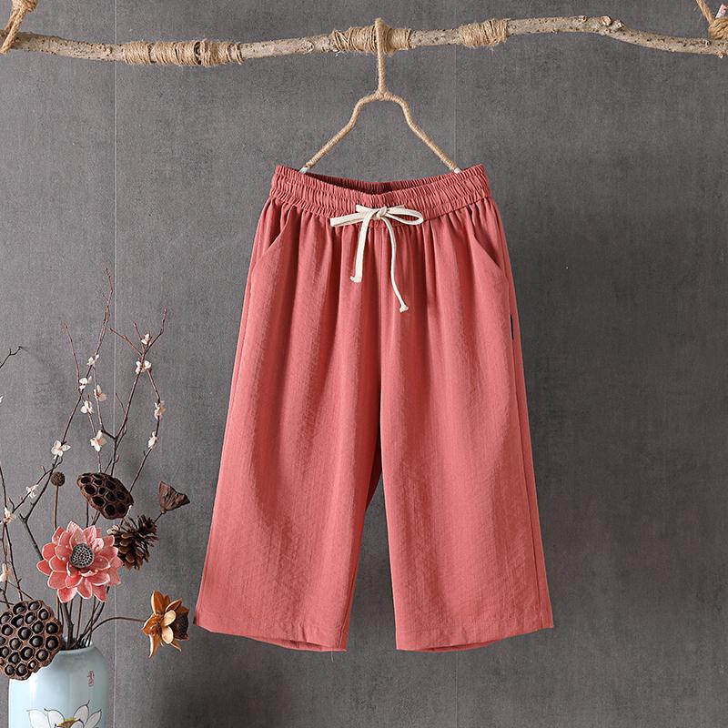 Women's High Rise Drawstring Waist Wide Leg Capri Pants Loose Fit Vintage Linen Blend Cropped Trousers