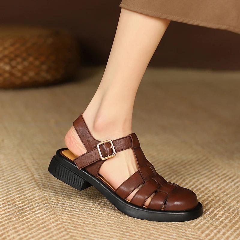 Fashion 2025 Women Sandals Retro Genuine Leather Luxury Roman Sandals Casual Buckle Strap Summer Shoes GLADIATOR Thick Heel Women Shoes