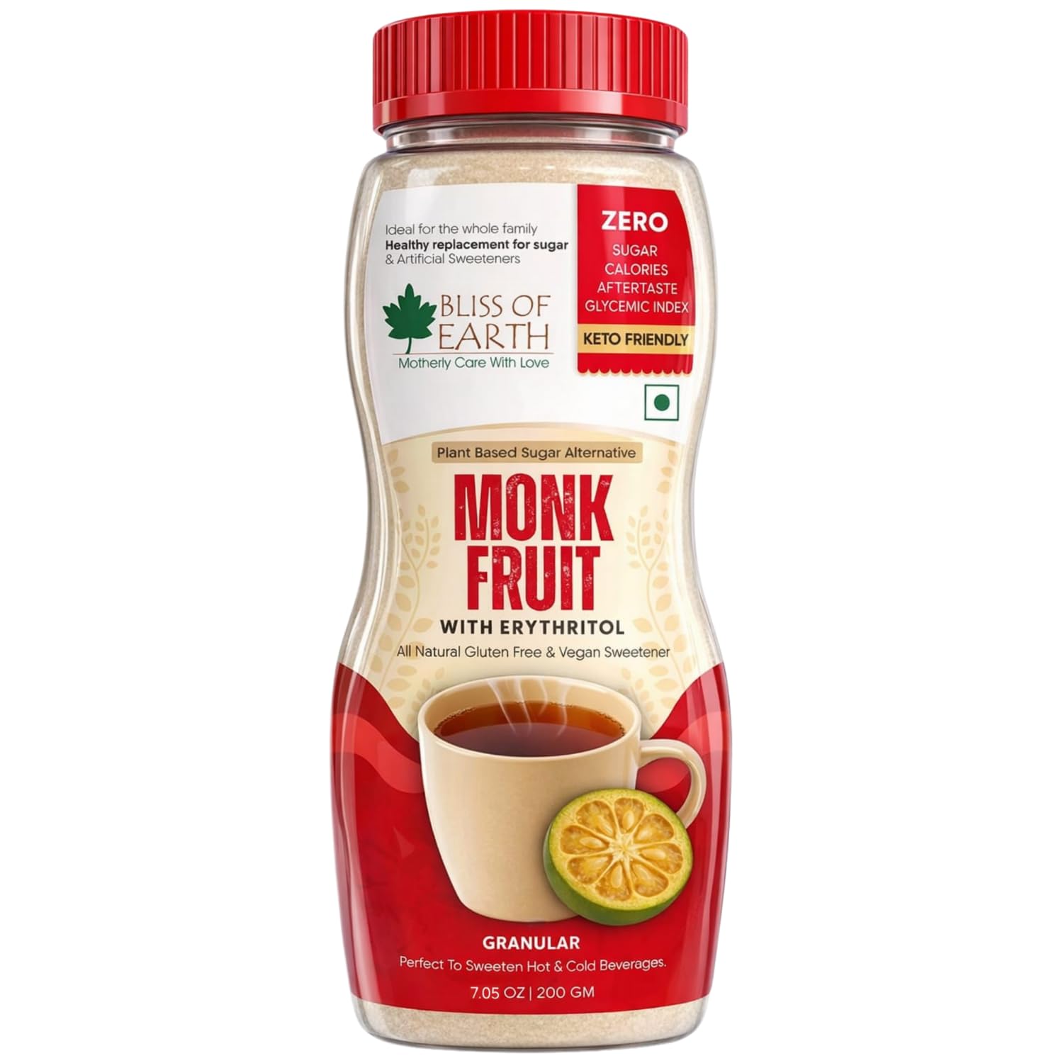 Bliss of Earth Monk Fruit Sweetener with Erythritol 200gm (Golden), 1:1 Zero Calorie Sugar Alternative, Keto Friendly, No Aftertaste, Zero Glycaemi