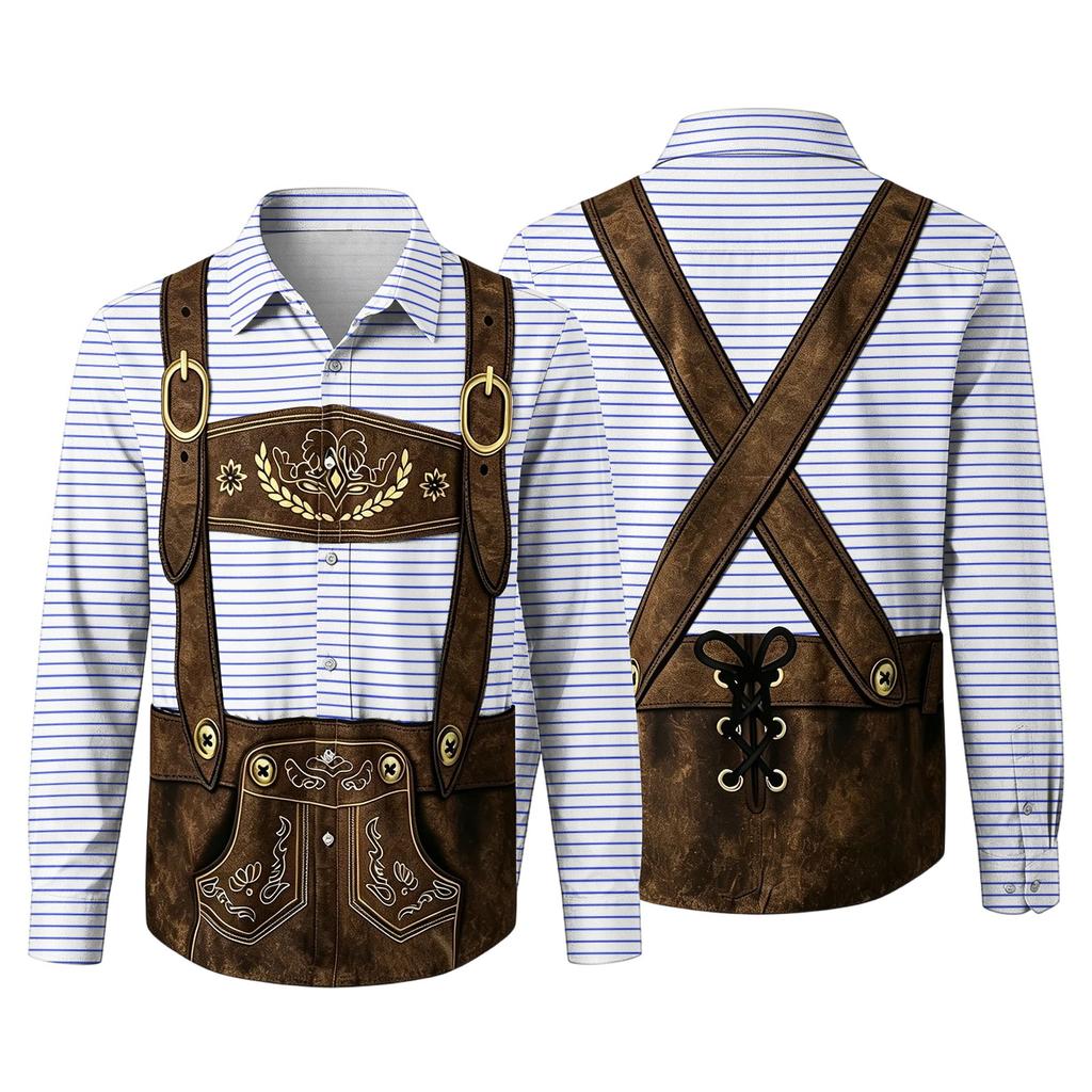 Herren Oktoberfest 3D-Druck Locker geschnitten Langarmhemd Button-Down-Kragen Lässig Vintage-Stil Atmungsaktives Hemd für Outdoor-Veranstaltungen und Partys