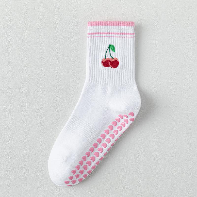 Women s Cherry Non-Slip Yoga Socks - White Mid-Calf Pilates Fitness Socks One Size